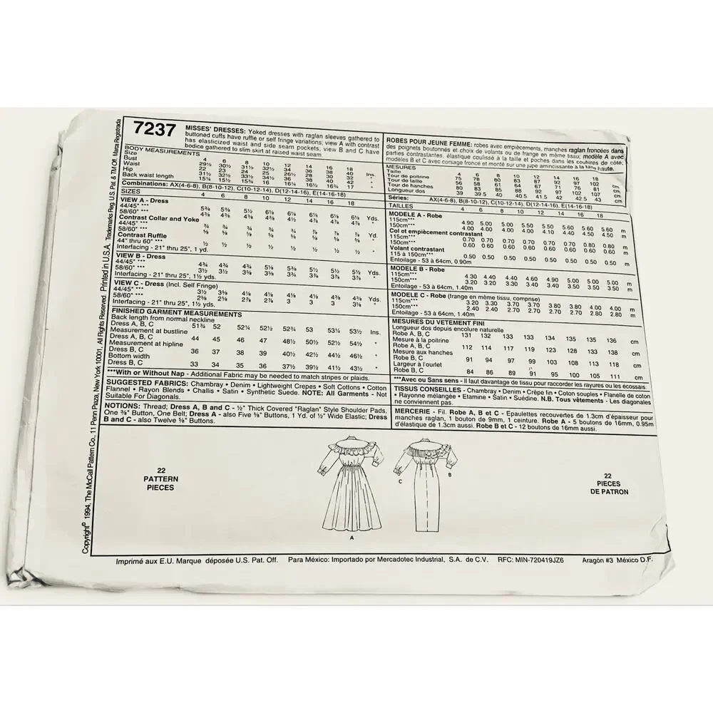 McCalls 7237 Size C (10,12,14) Vintage Sewing Pattern McC Old West Brand NEW FF